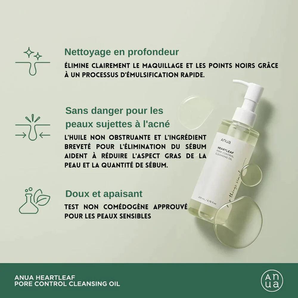 Anua – Huile Nettoyante Heartleaf Pore Control pour Peaux Sensibles